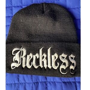 Y&R Young & Reckless Black Old English Script Logo Cuffed Gothic Beanie Hat OS